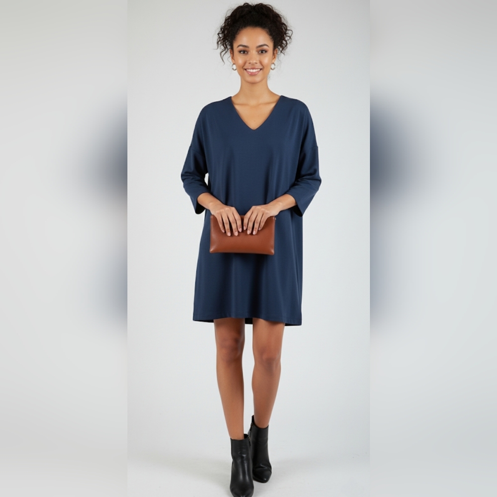 Dynamite Elegant V-Neck Quarter Sleeve Shift Dress, Blue/green, Size S